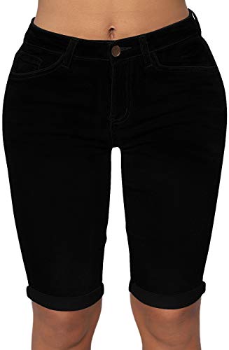 Roswear Womens Mid Rise Roll Cuff Bermuda Stretch Denim Jean Shorts Black L #TOP15