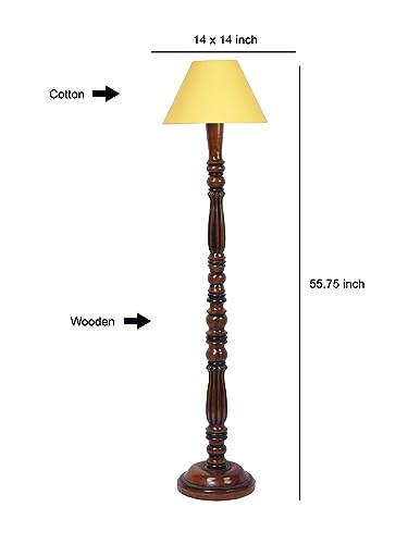 Image of Floor Lamp with Wooden Base - Height 55 inch, Yellow | Modern Standing Lamp for Living Room, Bedroom & Office | Stylish & Elegant Home Lighting Decor | Tall Decorative Lamp