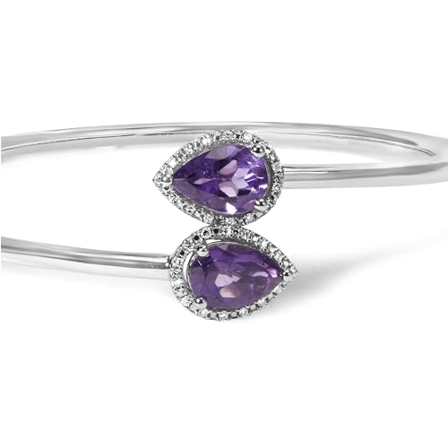 Haus of Brilliance .925 Sterling Silver 8 x 5.5mm Pear Shape Amethyst and Diamond Accent Halo Bypass Bangle Bracelet (H-I Color, SI1-SI2 Clarity) - Fits up to 7.75" Inches
