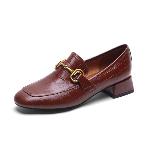 BesoAbrazo Women's Leather Block Heel Loafers with Gold-Toned Buckle, Square