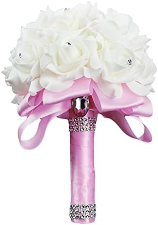 Wedding Bouquets for Brides Bridesmaids Artificial Flower with Ribbon Wedding Bride Holding Roses (Pink, 18cm*24cm)