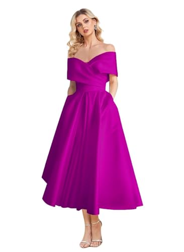 Image of Women's Off Shoulder Wedding Dress for Bride Tea Length A Line Satin Formal Prom Dresses with Pockets