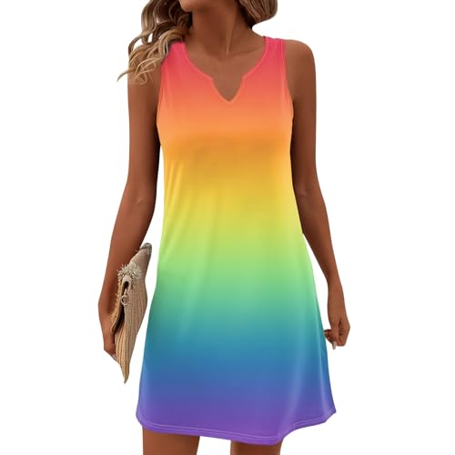 WDCHAOYUE Kleid Damen Dünne Lauschig mit Print Tunika-Kleid Ärmellose Übergrößen Neuheit Weic Kleid Mädchen Sommer V Ausschnitt Buissnes Orange