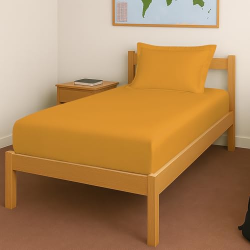 Image of Pizuna 100% Cotton Fitted Bedsheet Single Bed 400 Thread Count Long Staple Cotton Sateen Fitted Bedsheet 40x78 Inch with 1 Pillow Cover, Honey Gold Elastic Fitted Bedsheets Single Bed fits 12 Inch