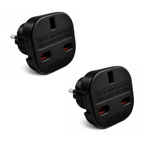 OcioDual 2X Adaptador Enchufe UK, Adaptador Enchufe UK a Europeo, Plug Adapter, Convertidor de 3 Pin Inglaterra a 2 Pin Europa con Seguridad para Niños, Negro