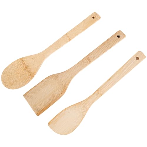 WOLMIK 3 Stück Küchenutensilien Set, Kochlöffel aus Bambus, Küchenzubehör zum Kochen, Pfannenwender Set, Küchenhelfer, Kochlöffel, Rührlöffel, Pfannenwender