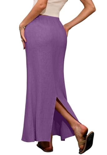 ebossy Women's Casual Cotton Linen Drawstring Skirts Elastic Waist Side Slit Flared A-Line Maxi Skirts2
