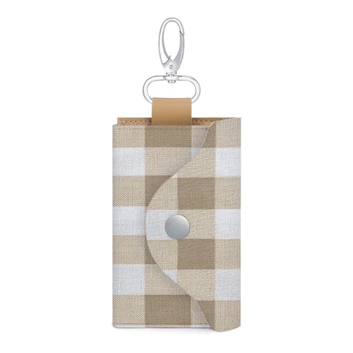 Beige White Fabric Check Pattern Key Holder Bag PU Leather ID Card Holder Keychains Case Cover for Men Women
