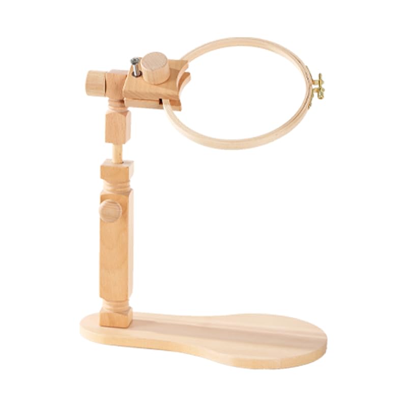 Image of Sherbo Adjustable Embroidery Hoop Stand with 7''Hoops, Rotated Beech Wood Cross Stitch Frame, Hands-Free Needlework Stand, Solid Hand-Polished Natural Wood Holder for Sewing Projects (B)