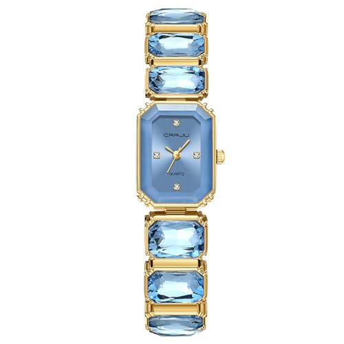 CRRJU Women Watches Fashion Luxury Wristwatches, Ladies Squartz Crystal Quartz Movement Dress Watch, Blue Dial with Gold Band (Blue)