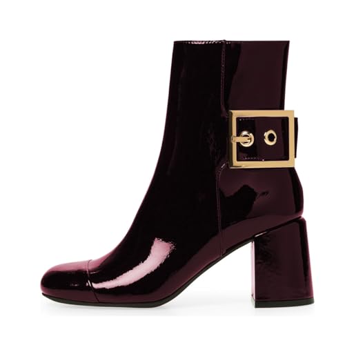Zszszsu Women's Fashion Block Ankle Boots Square Cap Toe Mid Heel Short Booties with Buckle Ankle Strap Side Zip Dress Party Fall Shoes Size 4-16 US2