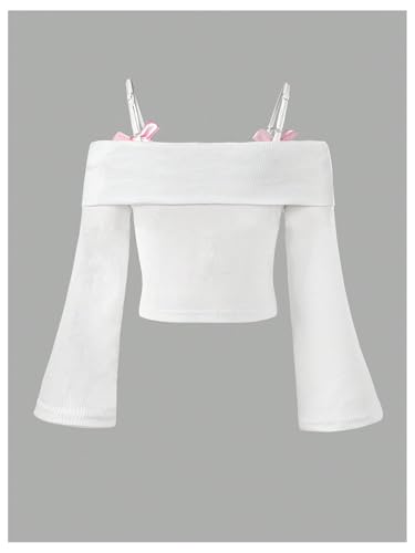 Verdusa Girl's Bowknot Off The Shoulder Cami Tops Ribbed Fold Over Long Sleeve T Shirt Tween Girl Outfits2