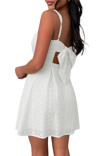 Image of Women's Square Neck Mini Dress Sexy Sleeveless Bow Tie A-Line Summer Cute Floral Eyelet Vacation Beach Short Sundress