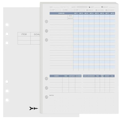 Harphia Ersatzblätter für Workout-Tracker-Planer mit 6-Ringbindung, Einlegeblätter für Fitnessjournal-Notizbücher, A5-Format (8,27 x 5,71 Zoll), effizient und professionell