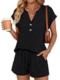LILLUSORY Womens Henley 2 Piece Short Sets Summer 2026 Lounge Spring Beach Airport Travel Vacation Outfits Matching Sweatsuit Black M