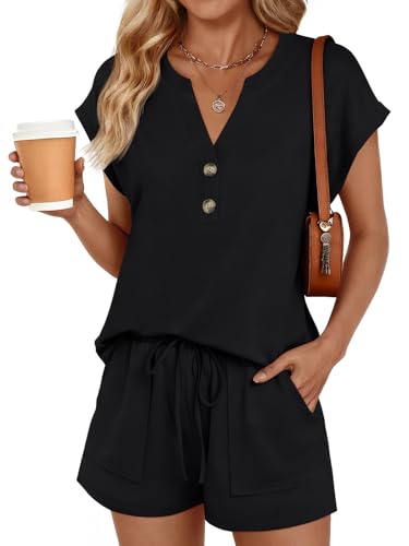 LILLUSORY Womens Henley 2 Piece Short Sets Summer 2026 Lounge Spring Beach Airport Travel Vacation Outfits Matching Sweatsuit Black XL