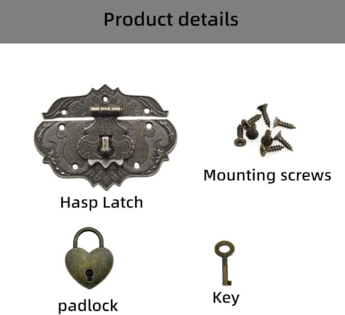 Image of Wooden Box Hasp Latch and Heart shape Padlock with Key for Jewelry Trinket Box, Bronze Antique Latch Hasp（Zinc Alloy）