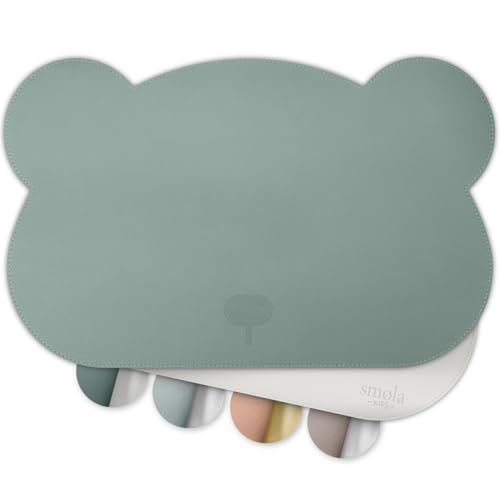 smøla Platzset für Kinder - Bär I Abwaschbares Tischset aus BPA-freiem PU-Leder I Platzdeckchen Tischunterlage für Kleinkinder & Babys I 2-Farbig (Ozean-Grün/Grau)