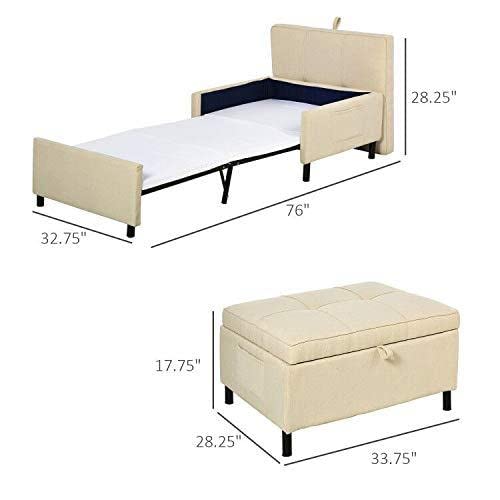 Homcom 2-In-1 Design Convertible Single Sofa Bed With Side Pocket And Metal Frame Couch For Living Room, Beige #TOP2