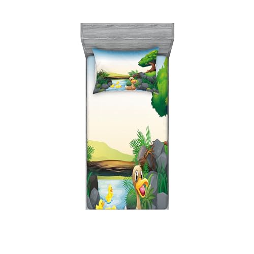 Ambesonne Rubber Duck Fitted Sheet & Pillow Sham Set, Cartoon Mother & Ducklings River Kids Fun Farm Animals Print Outdoor Feathers, Decorative Printed 2 Piece Bedding Decor Set, Twinxl, Green Brown