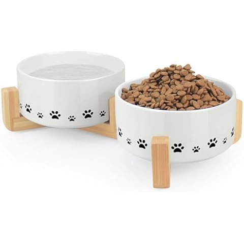 Ptlom Ceramic Pet Bowls for Dogs and Cats, Raised Dog Food and Water Bowl Set with Anti-Slip Wooden Stand, Pets Dish Feeding Bowls Suitable for Small, Medium, and Large Cats Dogs, White, 30 Oz Cover