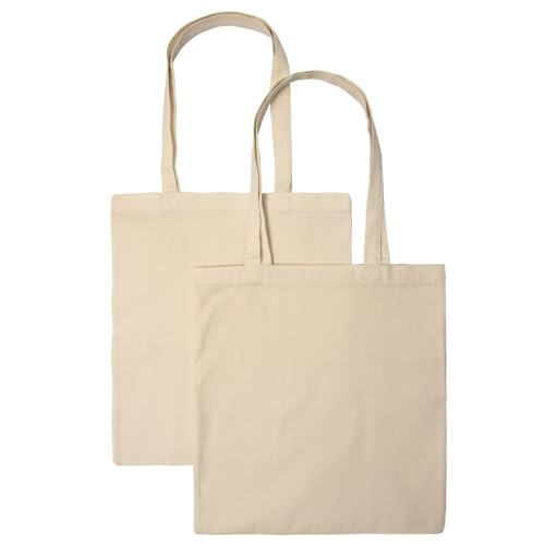 POLHIM® Bolsa Tela 100% Algodón Biodegradable,Reutilizable-Asas Largas de 70 cm.para Ropa,Manualidades,Alimentos,Verduras,IR de Paseo y Uso Diario,38x42cm, 220 gr/m2 (Natural, Paquete de 2 Unidades)