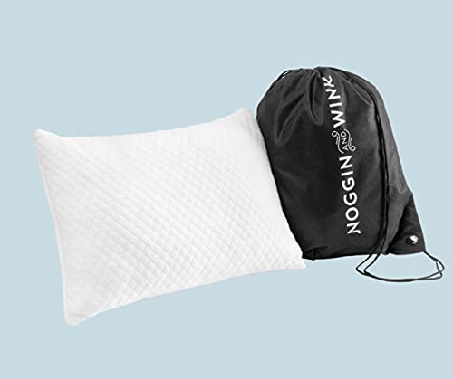 NOGGIN & WINK Travel Pillow | Soft Bamboo Cover with Shredded Memory Foam | Travel Bag Included | Adjustable to Fit Your Comfort Level Side, Back, & Stomach Sleepers, Hypoallergenic 13"x8" -1.64lbs.