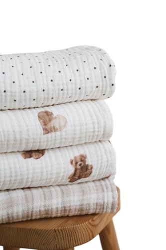 Mantas de muselina para bebé, 4 patrones, oso de peluche y lunares, varias capas, opciones de 2 o 4 capas disponibles (4 capas, oso de peluche)