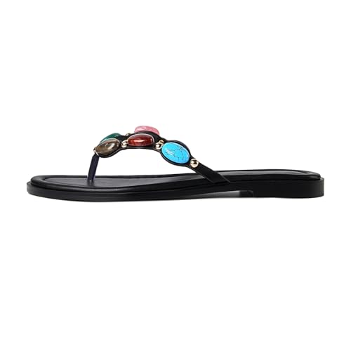 Image of DREAMSTORY Womens Beaded Flip Flops Beach Jeweled Thong Sandals | Open Round Toe, Slip on, Colorful Gemstones Embellished, Fashionable Summer Beach Style, Casual Flat Studded Shoes