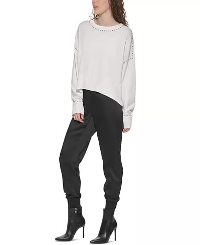 DKNY Womens Studded Crew Neck Pullover Sweater Ivory XL