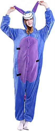 Unisex Einteiler aus Plüsch mit blauem Esel-Kostüm mit Kapuze für Erwachsene für Weihnachten, Halloween, Party, Nachtwäsche, blau, S Cover
