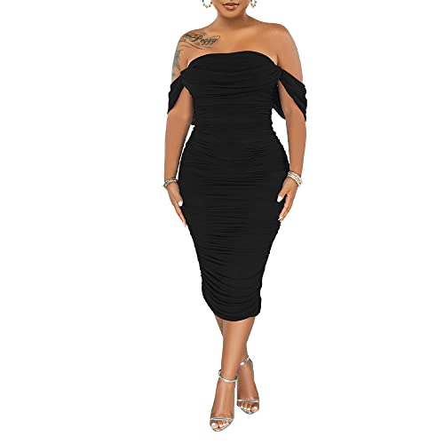 PINSV Women Ruched Off Shoulder Dress Bodycon Party Elegant Midi Dresses2
