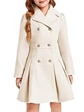 Haloumoning Girls Winter Dress Coat Button Peacoat Notch Lapel Double Breasted Outerwear with Pockets 5-14 Years, Beige, 10-12 Years