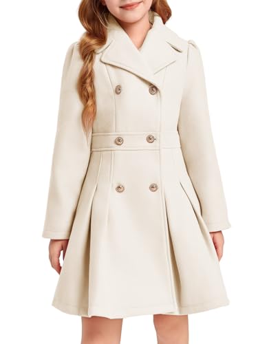 Image of Haloumoning Girls Winter Dress Coat Button Peacoat Notch Lapel Double Breasted Outerwear with Pockets 5-14 Years, Beige, 9-10 Years