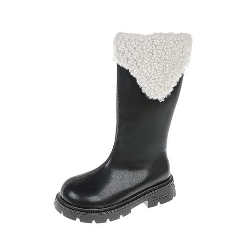 Fleece Cowgirl Boots for Girls:Fashion Winter Warm Cowboys Booties with Low Heel Side Zip Fall Dress Shoes Hiking Outdoor Footwear（Size12.5,Black