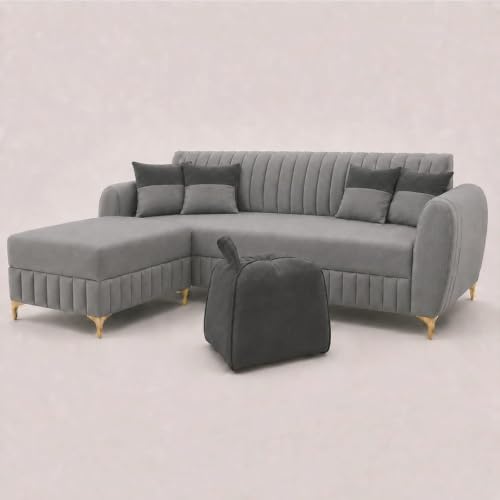 Image of CASASTYLE Signature Velour 4-Seater L-Shape Sofa Set with Movable Ottoman & Suri Pouf | Flexible LHS /RHS Layout | Boston Fabric | 40D Foam + Zigzag Spring | 3-Yr Warranty (Light Grey, Ash Grey)