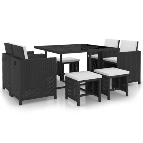 Genérico Set Comedor de jardín 9 Piezas y Cojines ratán sintético Negro,Mobiliario,Muebles de jardín,Conjuntos de jardín,Negro,42522