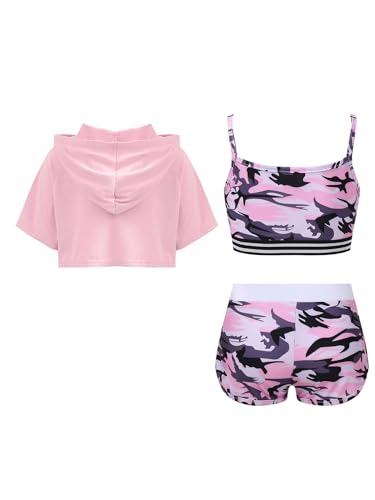 TiaoBug 3Piece Gymnastics Outfit for Kids Girls Dance Crop Hoodie Sport Bra Training Tank And Camouflage Shorts Boyshorts Set2
