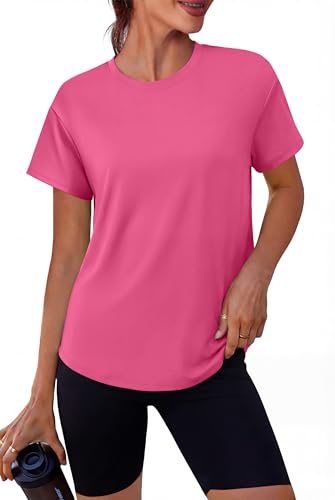Alaroo Workout Tops for Women Short Sleeve T-Shirts Loose Fit Fitness Clothing Camisetas Deportivas para Mujer Summer Hot Pink L