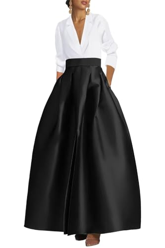 Winaiwi Long Sleeve Evening Gowns for Women Fomral Satin V Neck Elegant Mother of The Bride Dresses with Pockets White Black Size 6