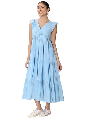 Image of Libas Solid Cotton Fit and Flare Dress for Women