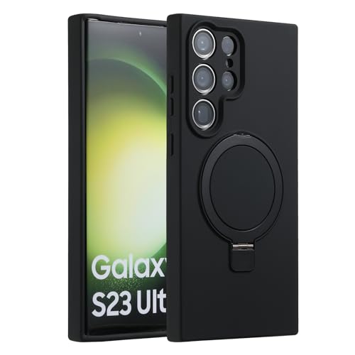 Coque Samsung S23 Ultra silicone liquide noir avec support anneau aimanté N52