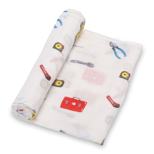 Image of LollyBanks Muslin Swaddle Blankets, Soft Cotton Muslin Baby Blanket, 47 x 47 Inches Newborn Swaddle, Baby Boy Essentials, Registry (Tool Box Print)