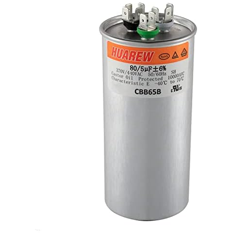 HUAREW 80/5 uF 80+5 MFD ±6% 370V/440V CBB65B AC Capacitor Dual Run Round Capacitor Replacement 80 5 uF MFD 370 440 Volt VAC for AC Unit Fan Motor Start or Heat Pump or Condenser Straight Cool Cover