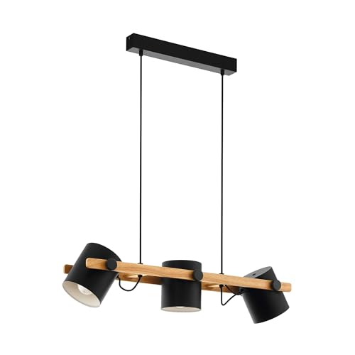 EGLO lámpara colgante Hornwood, lámpara de techo de 3 focos de estilo vintage en diseño industrial, lámpara colgante retro de acero y madera, color negro, crema, marrón, portalámparas E27
