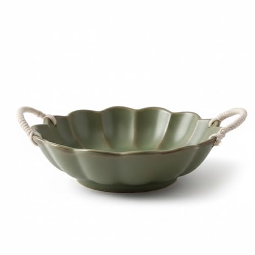 Amitofo 7.7inch Small Vintage Scalloped Ceramic Bowl with Rope Handles Retro Style Glazed Purse Bowl for Serving Fruit Salad Table Centerpiece Decor (Green)