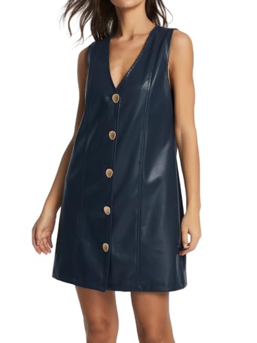 Women Faux Leather Mini Dress Sleeveless V Neck Button Down Pinafore Dress