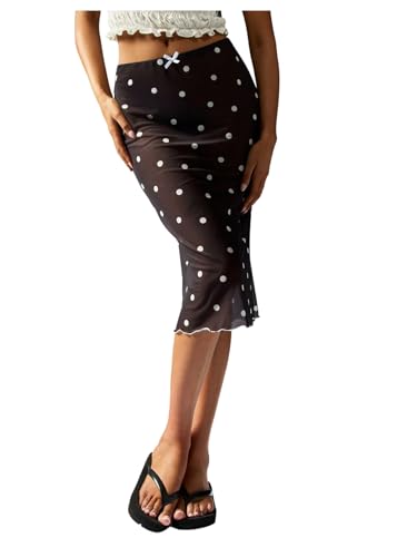Women's Polka Dots Midi Skirt Elegant Bow Mesh See Through Low Rise Skinny Bodycon Skirts