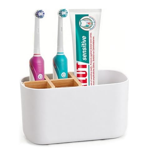 FOFAI Toothbrush Holder Bathroom Accessories: 5 Slots Electric Toothbrush Organiser with Detachable Bamboo Divider - Countertop Toothpaste Storage Caddy for Family & Easy to Clean