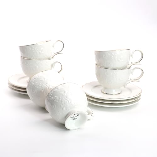 GuangYang 12 Pieces Fine Porcelain Unique Embossed Rose Tea Cups and Saucers set of 6 Special Handmade Gold Line Ceramic Cup for Cappucino